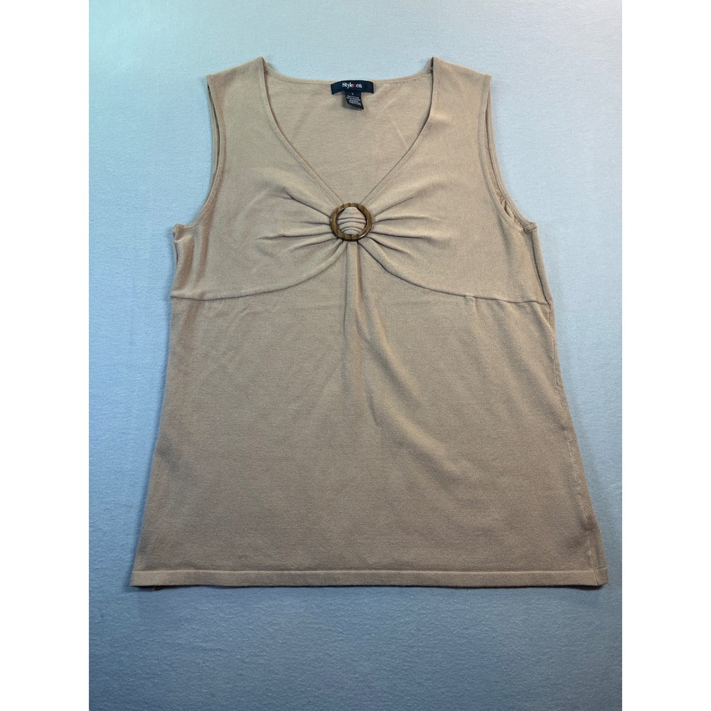Style & Co Womens Large Tan Sleeveless Sweater Tank Top O-Ring Ruched Front - Picture 2 of 6